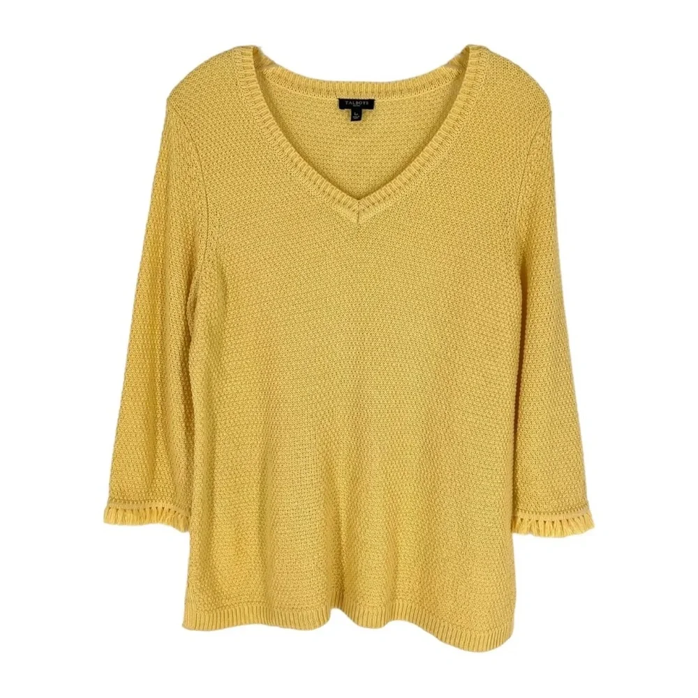 Talbots Cotton Sweater Womens Size Large P Yellow Textured Knit Tassel Accent